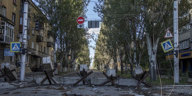 Anti-tank hedgehogs block the streets in downtown Bakhmut as fighting between Ukrainian forces and Russian troops intensifies for control of the city in Bakhmut, Ukraine on October 04, 2022. 