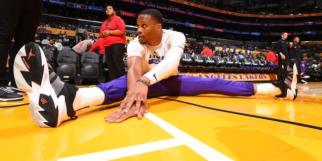 Russell Westbrook, #0 of the Los Angeles Lakers, warms up before the game against the Minnesota Timberwolves on Oct. 12, 2022 at Crypto.com Arena in Los Angeles.