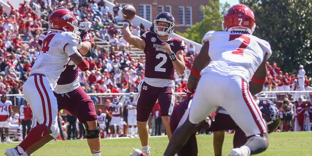 Mississippi State Bulldogs quarterback Will Rogers (2) passes during a game against the Arkansas Razorbacks Oct. 8, 2022, at Davis Wade Stadium in Starkville, Miss. 