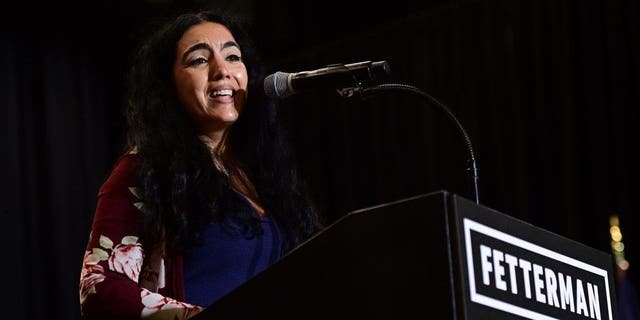 Gisele Barreto Fetterman, wife of Democratic candidate for U.S. Senate John Fetterman, speaks during a rally at Nether Providence Elementary School on Oct. 15, 2022, in Wallingford, Pennsylvania. 