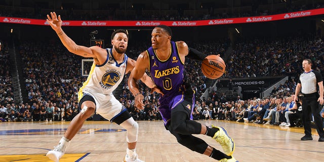 Russell Westbrook, #0 of the Los Angeles Lakers, drives to the basket during the game against the Golden State Warriors on Oct. 18, 2022 at Chase Center in San Francisco.