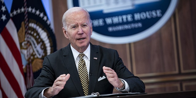 President Biden speaks in the Eisenhower Executive Office Building in Washington, DC, US, on Wednesday, Oct. 19, 2022. 