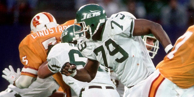 Offensive lineman Marvin Powell (79) of the New York Jets is shown during a game against the Tampa Bay Buccaneers at Giants Stadium on Nov. 17, 1985, in East Rutherford, New Jersey.