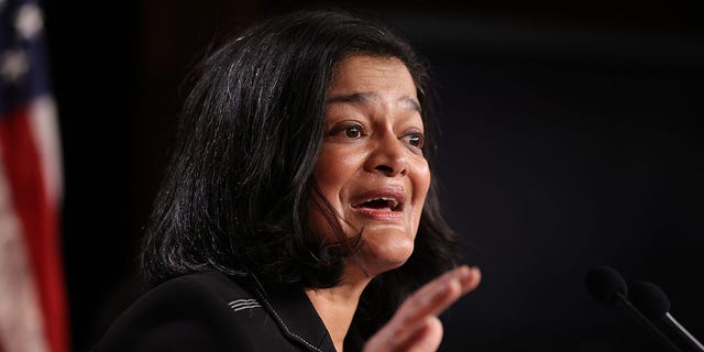 WASHINGTON, DC - MARCH 01: Rep. Pramila Jayapal (D-WA) holds a news conference to announce legislation that would tax the net worth of America's wealthiest individuals at the U.S. Capitol on March 01, 2021 in Washington, DC. 