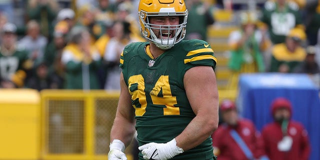 Dean Lowry of the Green Bay Packers reacts to a sack during a game against the Washington Football Team at Lambeau Field Oct. 24, 2021, in Green Bay, Wis. 