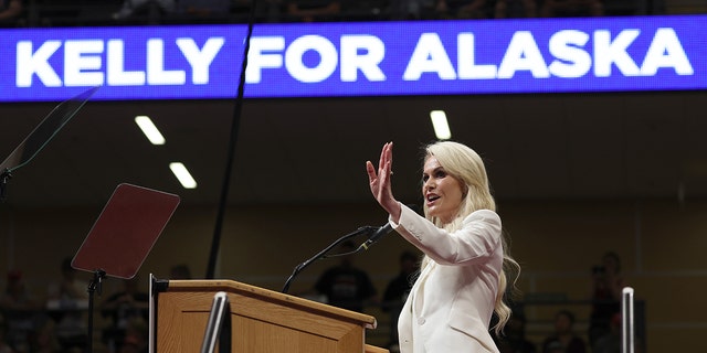 U.S. Senate candidate Kelly Tshibaka greets the crowd during a "Save America" rally at Alaska Airlines Center on July 09, 2022 in Anchorage, Alaska. 