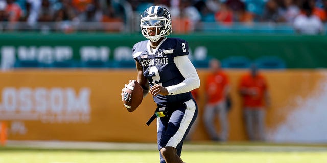 Quarterback Shedeur Sanders, #2 of the Jackson State Tigers, looks for a pass against the Florida A&amp;M Rattlers during the Orange Blossom Classic Game at Hard Rock Stadium on Sept. 4, 2022 in Miami Gardens, Florida. The Tigers defeated the Rattlers 59-3. 