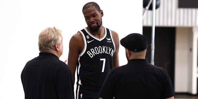 Kevin Durant, #7 of the Brooklyn Nets, speaks to photographers during Brooklyn Nets Media Day at HSS Training Center on September 26, 2022, in Brooklyn, New York. 