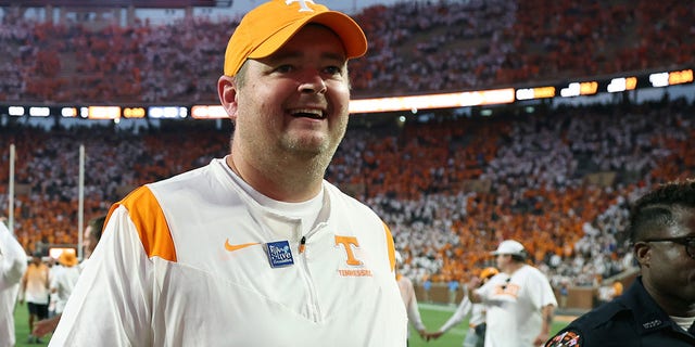 Head coach Josh Heupel of the Tennessee Volunteers celebrates a win over the Florida Gators at Neyland Stadium on September 24, 2022, in Knoxville, Tennessee. Tennessee won the game 38-33. 