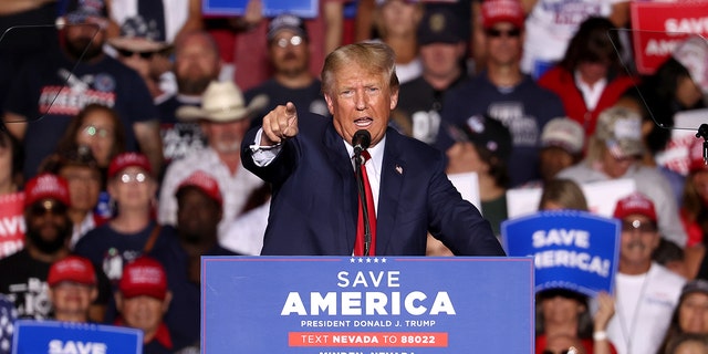 Former U.S. President Donald Trump at Minden-Tahoe Airport on October 08, 2022 in Minden, Nevada. 