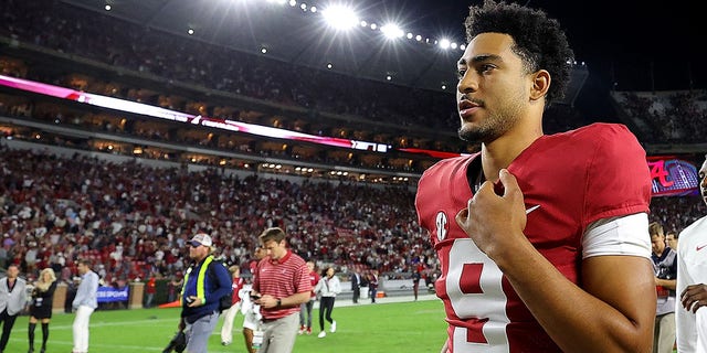 Bryce Young, #9 of the Alabama Crimson Tide, reacts after their 24-20 win over the Texas A&amp;M Aggies at Bryant-Denny Stadium on Oct. 8, 2022 in Tuscaloosa, Alabama. 