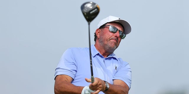 Team Captain Phil Mickelson of Hy Flyers GC plays his shot from the ninth tee during Day Three of the LIV Golf Invitational - Bangkok at Stonehill Golf Course on Oct. 9, 2022 in Pathum Thani, Thailand. 