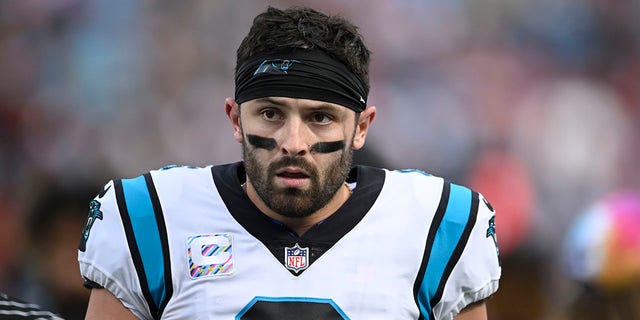 Baker Mayfield #6 of the Carolina Panthers walks off the field at halftime against the San Francisco 49ers at Bank of America Stadium on Oct. 9, 2022 in Charlotte, North Carolina. 