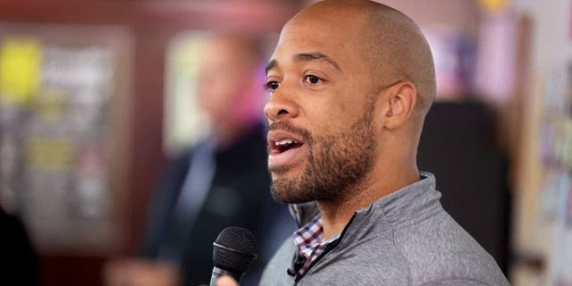 Democratic candidate for U.S. senate in Wisconsin Mandela Barnes speaks to guests during a campaign stop at the Aris Sports Bar on October 12, 2022, in West Allis, Wisconsin.