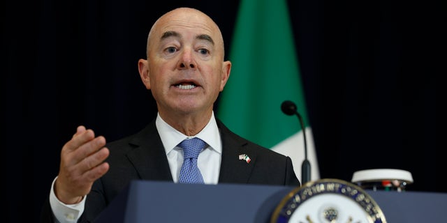 U.S. Homeland Security Secretary Alejandro Mayorkas answers a reporter's question during a news conference with Mexican counterparts at the State Department on October 13, 2022, in Washington, DC. 