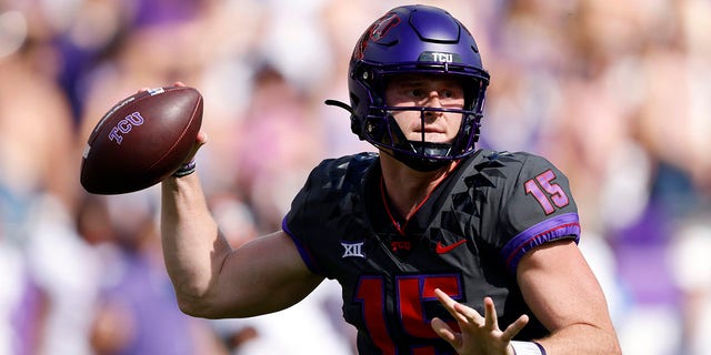 Max Duggan, #15 of the TCU Horned Frogs, throws against the Oklahoma State Cowboys during the first half at Amon G. Carter Stadium on Oct. 15, 2022 in Fort Worth, Texas. 