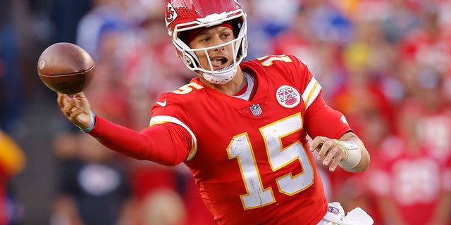 Patrick Mahomes, #15 of the Kansas City Chiefs, throws the ball during the fourth quarter against the Buffalo Bills at Arrowhead Stadium on Oct. 16, 2022 in Kansas City, Missouri. 