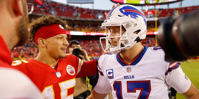 Patrick Mahomes, #15 of the Kansas City Chiefs, shakes hands with Josh Allen, #17 of the Buffalo Bills, after the game at Arrowhead Stadium on Oct. 16, 2022 in Kansas City, Missouri. Buffalo defeated Kansas City 24-20. 