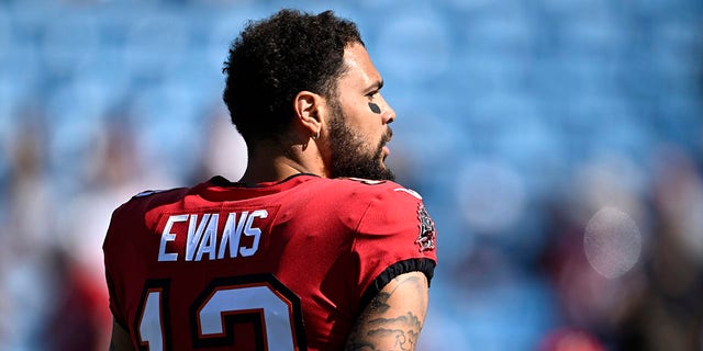 Mike Evans of the Buccaneers prepares to warm up before the Panthers game on Oct. 23, 2022, in Charlotte, North Carolina.