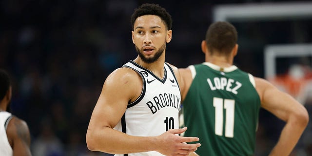 Ben Simmons of the Brooklyn Nets reacts after being called for a technical foul at Fiserv Forum on Oct. 26, 2022, in Milwaukee, Wisconsin.