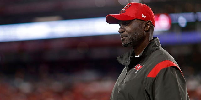 Head coach Todd Bowles of the Tampa Bay Buccaneers looks on during pregame warm-ups prior to a game against the Baltimore Ravens at Raymond James Stadium on Oct. 27, 2022 in Tampa, Florida. 