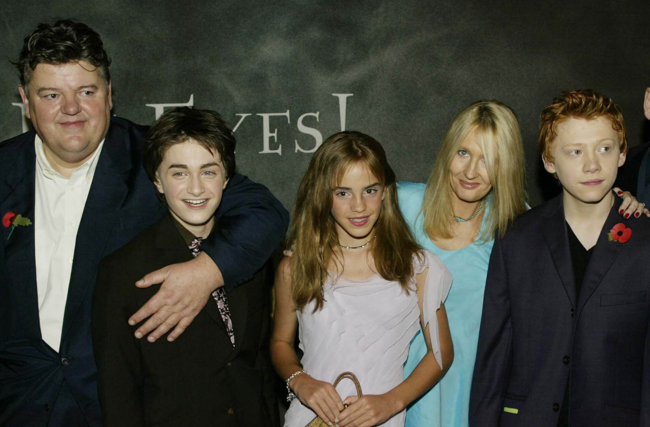 Robbie Coltrane, Daniel Radcliffe, Emma Watson, JK Rowling, Rupert Grint and Kenneth Branagh attend the UK film premiere of "Harry Potter and the Chamber of Secrets"