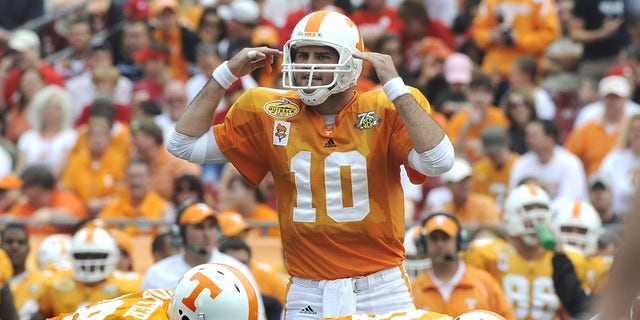 Quarterback Erik Ainge (10) of the Tennessee Volunteers calls a play against the Wisconsin Badgers in the 2008 Outback Bowl at Raymond James Stadium Jan. 1, 2008, in Tampa, Fla.  