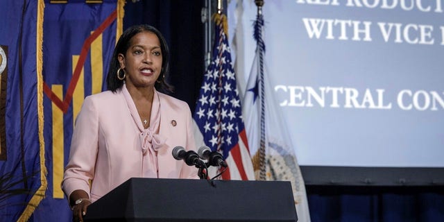 Rep. Jahana Hayes introduces Vice President Kamala Harris and CEO of Planned Parenthood Alexis McGill Johnson, to discuss women's reproductive rights at Central Connecticut State University on Wednesday, Oct. 5, 2022, in New Britain, Connecticut. 