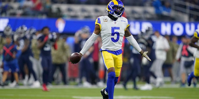 Los Angeles Rams cornerback Jalen Ramsey reacts after an interception during the first half of a game against the Tennessee Titans Nov. 7, 2021, in Inglewood, Calif.