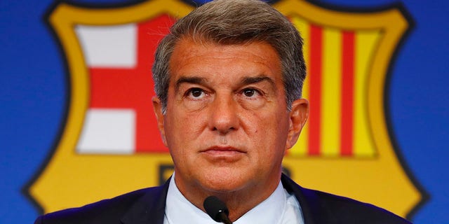 FC Barcelona club president Joan Laporta at a news conference in Barcelona, Spain, on Aug. 6, 2021.