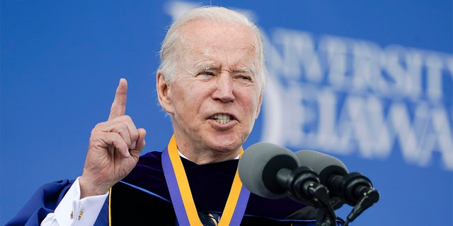 President Biden delivers his keynote address to the University of Delaware Class of 2022 during its commencement ceremony in Newark, Del., Saturday, May 28, 2022.