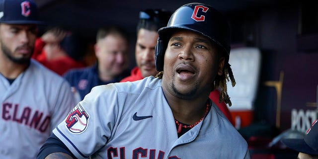 Cleveland Guardians third baseman Jose Ramirez reacts after scoring against the New York Yankees during the tenth inning of Game 2 of their American League Division Series in New York on Friday.