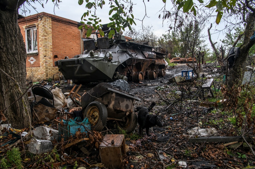 A view shows a destroyed Russian armored personnel carrier in the liberated village of Kamianka in Ukraine on Oct. 2, 2022.  