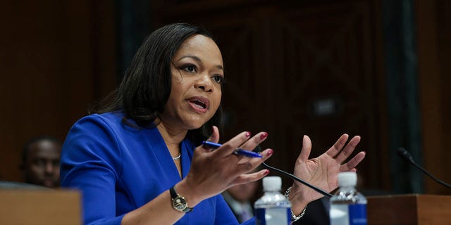 U.S. Assistant Attorney General Kristen Clarke testifies before the Senate Judiciary Committee at the Dirksen Senate Office Building in Washington, D.C., on March 8, 2022.