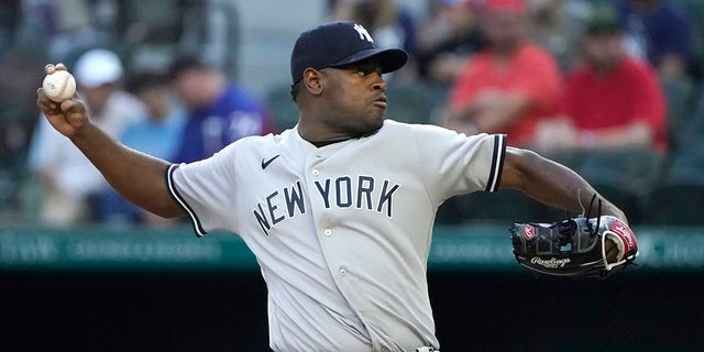 New York Yankees' Luis Severino throws during the first inning of a baseball game against the Texas Rangers in Arlington, Texas, Monday, Oct. 3, 2022.