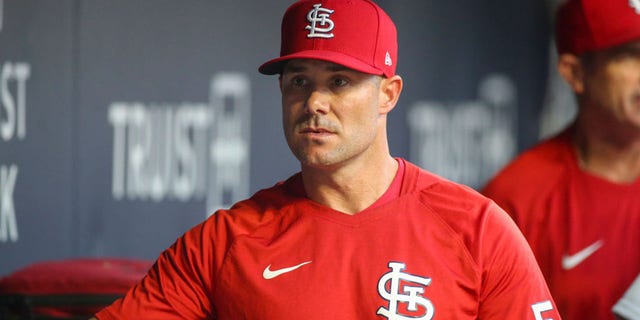 Skip Schumaker of the St. Louis Cardinals in the dugout before a game against the Atlanta Braves at Truist Park July 5, 2022, in Atlanta.