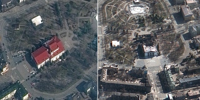 Satellite imagery captured by Maxar shows the Mariupol Drama Theater in Ukraine before and after an airstrike March 16, 2022. The word "children" can be seen in white letters.