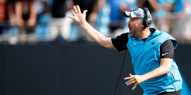 Head coach Matt Rhule of the Carolina Panthers reacts following a call during the fourth quarter of their game against the Cleveland Browns at Bank of America Stadium on September 11, 2022 in Charlotte, North Carolina.