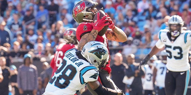 Tampa Bay Buccaneers wide receiver Mike Evans (13) is hit as he makes a catch by Carolina Panthers cornerback Keith Taylor Jr. (28) during the second half at Bank of America Stadium in Charlotte, N.C., Oct 23, 2022.