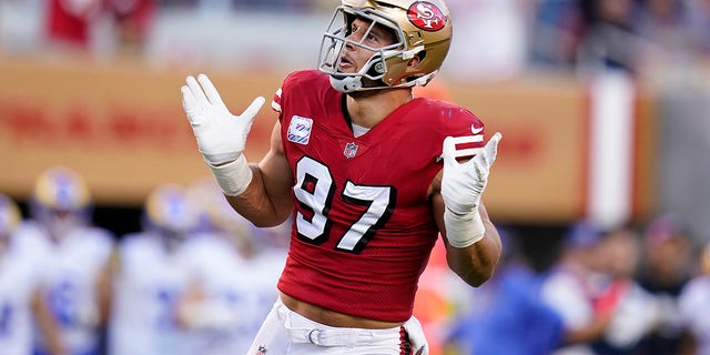 San Francisco 49ers defensive end Nick Bosa reacts after sacking Los Angeles Rams quarterback Matthew Stafford during the first half of a game in Santa Clara, Calif., Monday, Oct. 3, 2022.