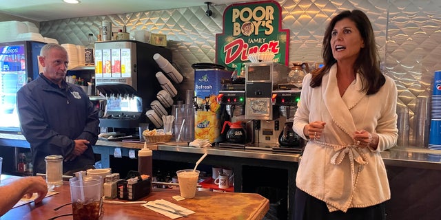 Former South Carolina Gov. Nikki Haley, who served as ambassador to the United Nations during the Trump administration, teams up on the campaign trail with GOP Senate nominee Don Bolduc of New Hampshire, at Poor Boy's Family Diner, on Sept. 23, 2022 in Londonderry, N.H,. 