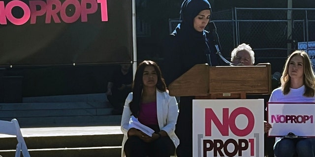 Tarbiya Institute representative Mashal Ayobi speaks at the No on Prop. 1 press conference in Sacramento, California, on Oct. 6, 2022.