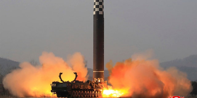 This photo distributed by the North Korean government shows what it says is a test-fire of a Hwasong-17 intercontinental ballistic missile (ICBM), at an undisclosed location in North Korea on March 24, 2022. 