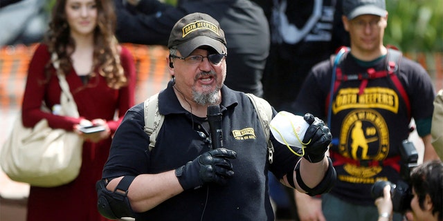 Oath Keepers founder Stewart Rhodes speaks during the Patriots Day Free Speech Rally in Berkeley, California, on April 15, 2017.