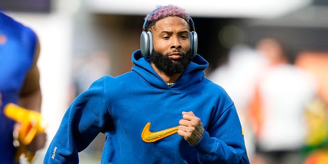 Los Angeles Rams wide receiver Odell Beckham Jr. warms up before the NFL Super Bowl 56 football game against the Cincinnati Bengals, Sunday, Feb. 13, 2022, in Inglewood, Calif.