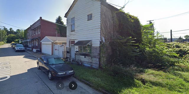 Abandoned building being taken over by surrounding vegetation. Oliver St., Braddock, Pa.