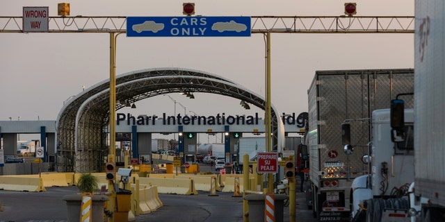 PHARR, TX - APRIL 13: Several dozen commercial trucks wait to cross the Pharr-Reynosa International bridge on April 13, 2022, in Pharr, Texas. The bridge reopened to commercial traffic after 5 p.m. after being closed since Monday because of Mexican truckers on strike. 