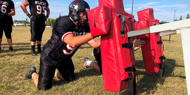 Ray Ruschel, a 49-year-old freshman football player for the North Dakota State College of Science, at practice Sept. 20, 2022, in Wahpeton, N.D.