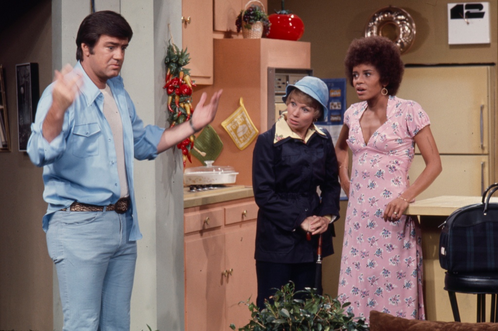 Unspecified - 1973: (L-R) Ron Masak, Joyce Bulifant, Janet MacLachlan appearing in the ABC tv series 'Love Thy Neighbor' episode 'The Marriage You Save May Be Your Own'. (Photo by Disney General Entertainment Content via Getty Images)