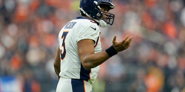 Denver Broncos quarterback Russell Wilson (3) looks to his bench after an incomplete pass against the Las Vegas Raiders during the second half of an NFL football game, Sunday, Oct. 2, 2022, in Las Vegas. 